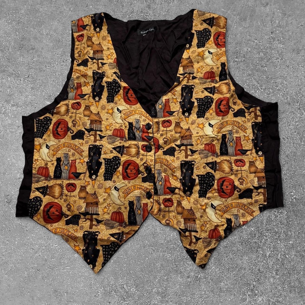 Robyn-Lyn Halloween Vest Womens XL Black Cat Pumpkin Bat Beige Novelty Costume